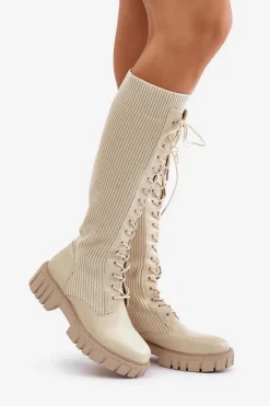 Sale Boto Kozaki Damskie Skarpetkowe Sznurowane Na Płaskim Obcasie Beżowe Vamisha