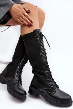 Kozaki Ocieplane|Kozaki Wiosenne>Boto Kozaki Damskie Sznurowane Z Elastyczną Cholewką Czarne Virxinia