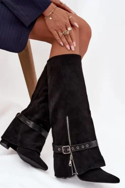 Discount Kozaki Damskie Wsuwane Na Słupku Z Ozdobnym Paskiem Czarne Jolivine Damskie Kozaki Ocieplane|Kozaki Na Słupku