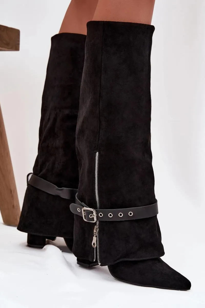 Discount Kozaki Damskie Wsuwane Na Słupku Z Ozdobnym Paskiem Czarne Jolivine Damskie Kozaki Ocieplane|Kozaki Na Słupku