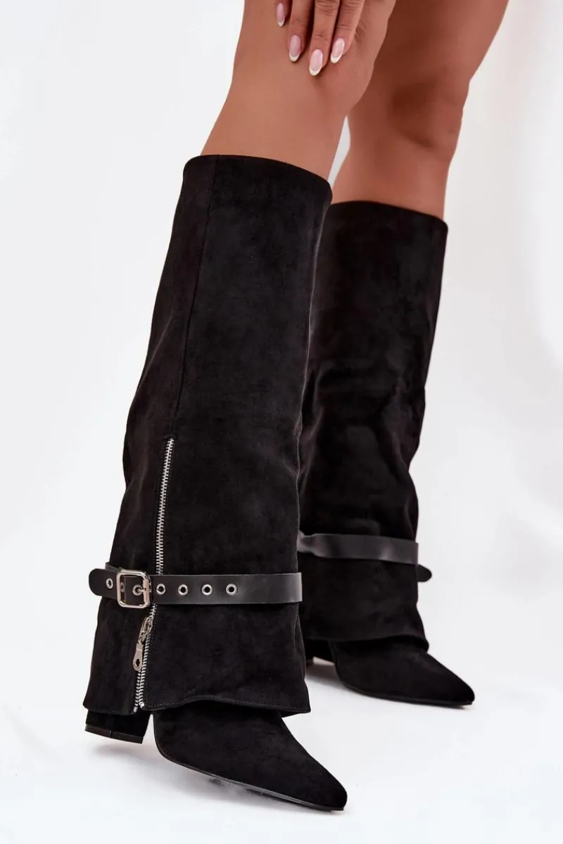 Discount Kozaki Damskie Wsuwane Na Słupku Z Ozdobnym Paskiem Czarne Jolivine Damskie Kozaki Ocieplane|Kozaki Na Słupku