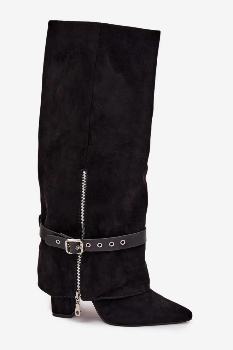 Discount Kozaki Damskie Wsuwane Na Słupku Z Ozdobnym Paskiem Czarne Jolivine Damskie Kozaki Ocieplane|Kozaki Na Słupku