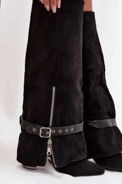 Discount Kozaki Damskie Wsuwane Na Słupku Z Ozdobnym Paskiem Czarne Jolivine Damskie Kozaki Ocieplane|Kozaki Na Słupku