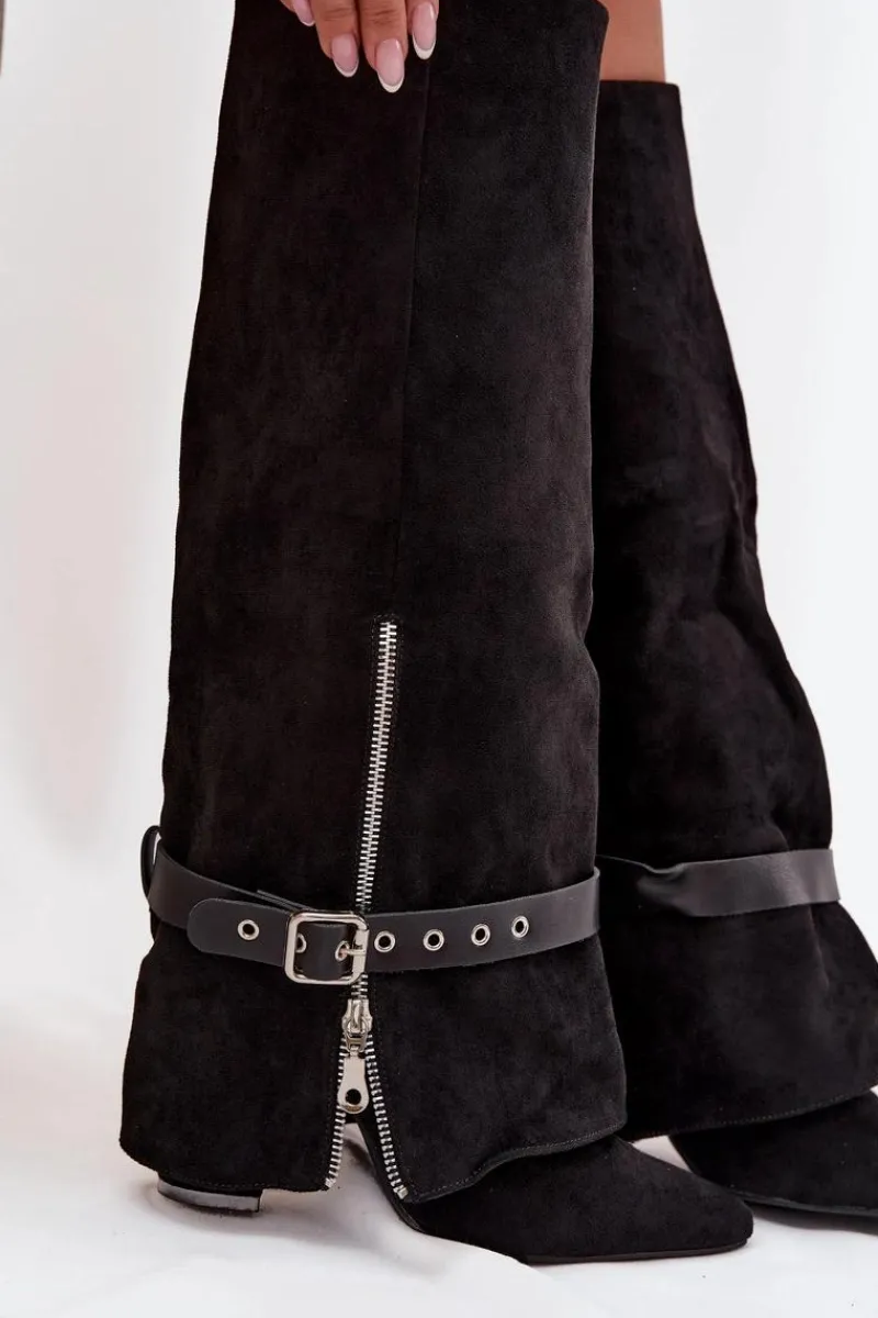 Discount Kozaki Damskie Wsuwane Na Słupku Z Ozdobnym Paskiem Czarne Jolivine Damskie Kozaki Ocieplane|Kozaki Na Słupku