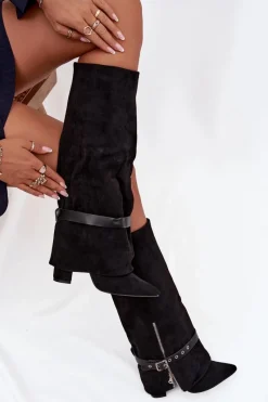 Discount Kozaki Damskie Wsuwane Na Słupku Z Ozdobnym Paskiem Czarne Jolivine Damskie Kozaki Ocieplane|Kozaki Na Słupku