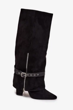 Discount Kozaki Damskie Wsuwane Na Słupku Z Ozdobnym Paskiem Czarne Jolivine Damskie Kozaki Ocieplane|Kozaki Na Słupku