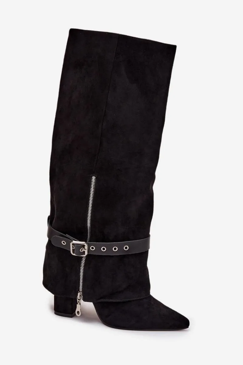 Discount Kozaki Damskie Wsuwane Na Słupku Z Ozdobnym Paskiem Czarne Jolivine Damskie Kozaki Ocieplane|Kozaki Na Słupku