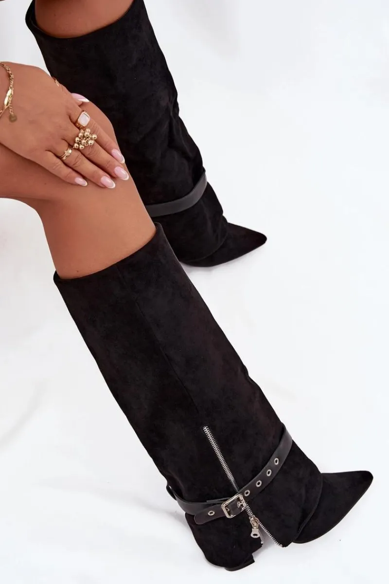 Discount Kozaki Damskie Wsuwane Na Słupku Z Ozdobnym Paskiem Czarne Jolivine Damskie Kozaki Ocieplane|Kozaki Na Słupku