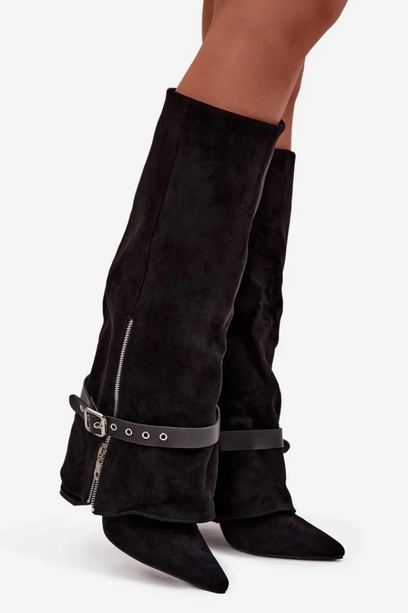 Discount Kozaki Damskie Wsuwane Na Słupku Z Ozdobnym Paskiem Czarne Jolivine Damskie Kozaki Ocieplane|Kozaki Na Słupku