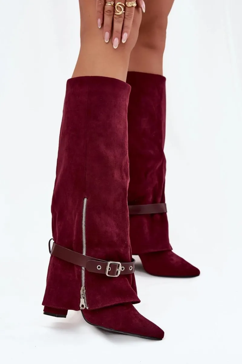 Kozaki Ocieplane|Kozaki Na Słupku>Boto Kozaki Damskie Wsuwane Na Słupku Z Ozdobnym Paskiem Bordowe Jolivine