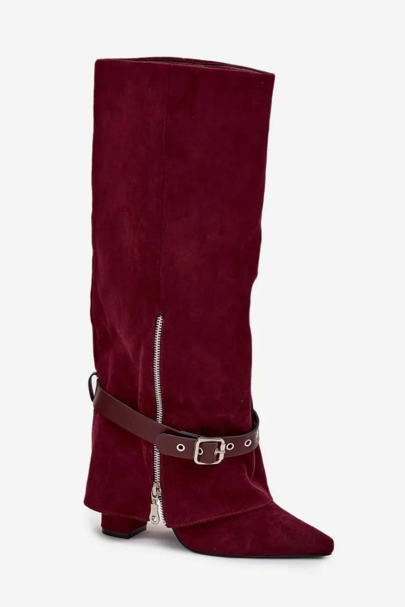 Kozaki Ocieplane|Kozaki Na Słupku>Boto Kozaki Damskie Wsuwane Na Słupku Z Ozdobnym Paskiem Bordowe Jolivine