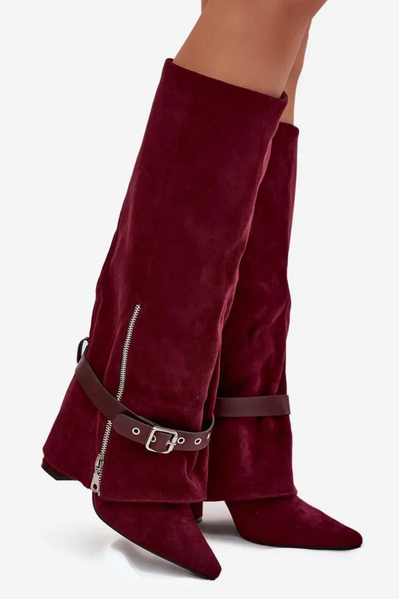 Kozaki Ocieplane|Kozaki Na Słupku>Boto Kozaki Damskie Wsuwane Na Słupku Z Ozdobnym Paskiem Bordowe Jolivine