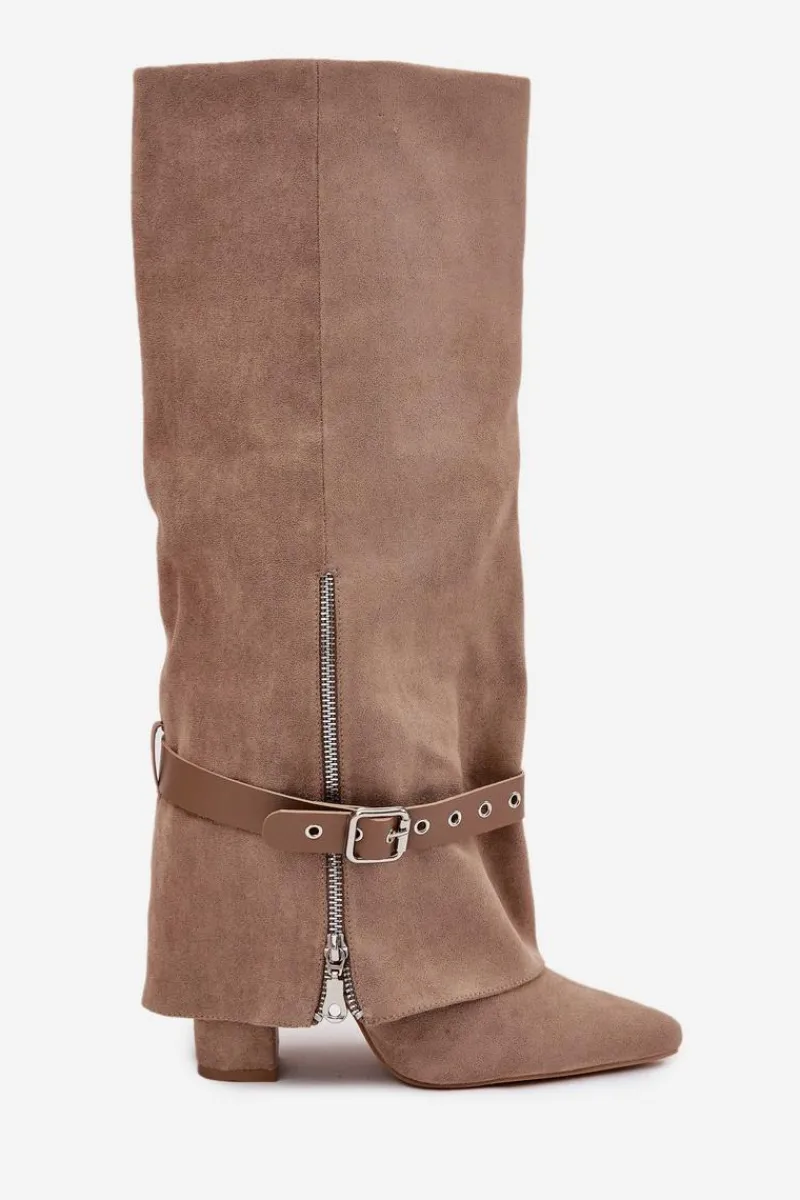 Discount Boto Kozaki Damskie Wsuwane Na Słupku Z Ozdobnym Paskiem Beżowe Jolivine Beżowy