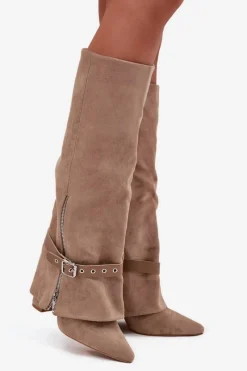 Discount Boto Kozaki Damskie Wsuwane Na Słupku Z Ozdobnym Paskiem Beżowe Jolivine Beżowy