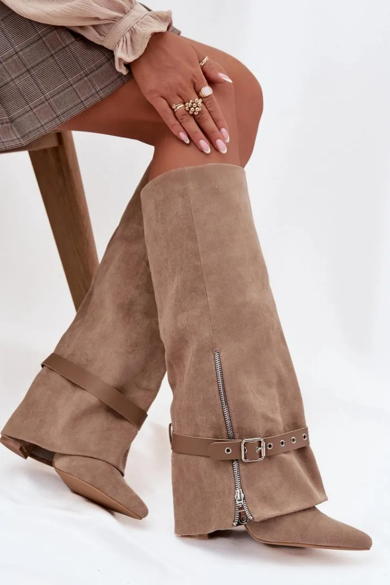 Discount Boto Kozaki Damskie Wsuwane Na Słupku Z Ozdobnym Paskiem Beżowe Jolivine Beżowy