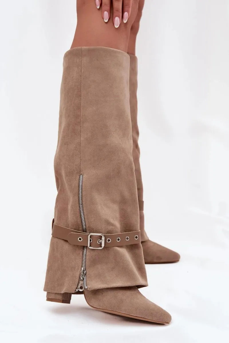 Discount Boto Kozaki Damskie Wsuwane Na Słupku Z Ozdobnym Paskiem Beżowe Jolivine Beżowy