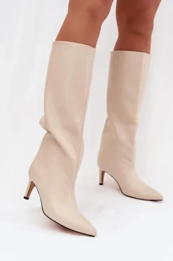Kozaki Ocieplane|Kozaki Przed Kolano>Boto Kozaki Damskie Wsuwane Ocieplane Na Szpilce Jasnobeżowe Olivienne Beżowy