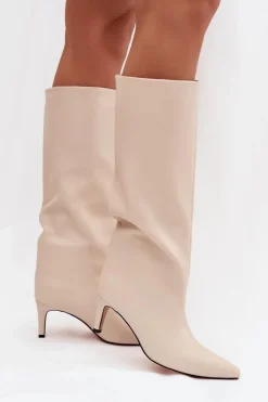 Kozaki Ocieplane|Kozaki Przed Kolano>Boto Kozaki Damskie Wsuwane Ocieplane Na Szpilce Jasnobeżowe Olivienne Beżowy