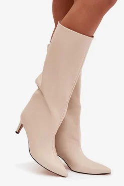 Kozaki Ocieplane|Kozaki Przed Kolano></noscript>Boto Kozaki Damskie Wsuwane Ocieplane Na Szpilce Jasnobeżowe Olivienne Beżowy