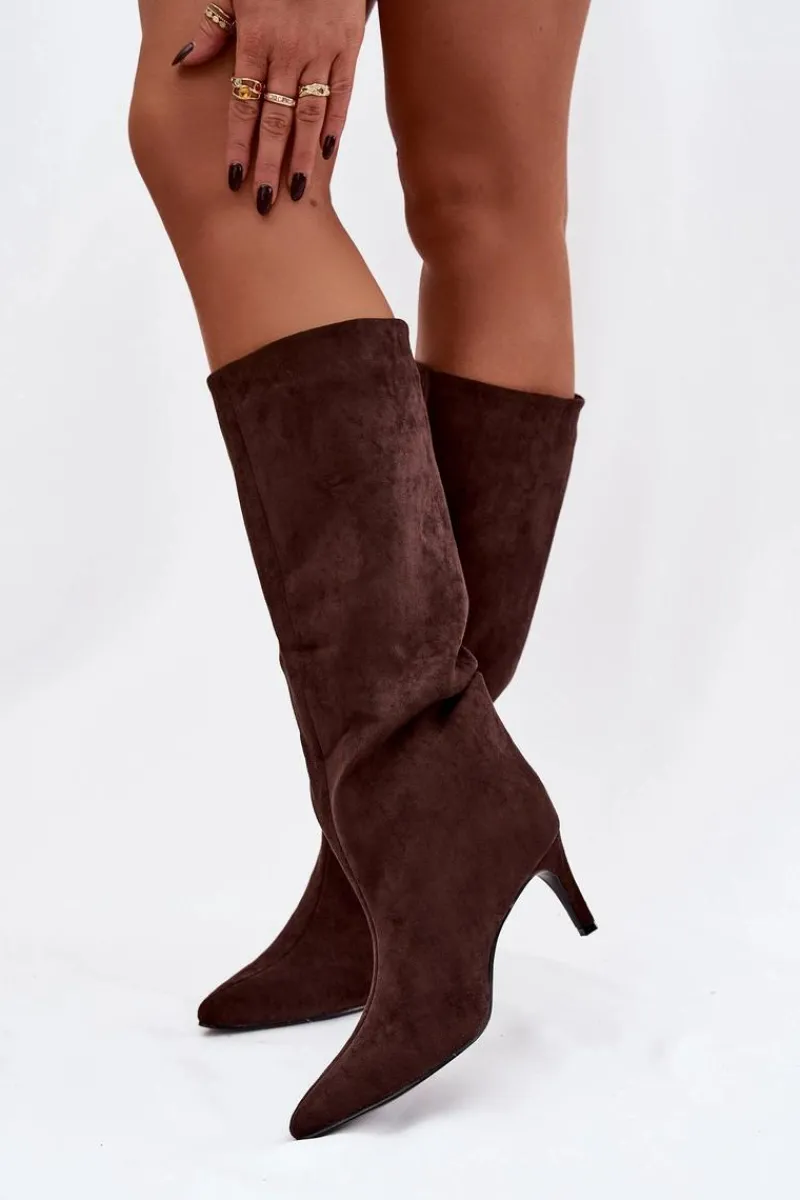 Kozaki Ocieplane|Kozaki Na Szpilce>Boto Kozaki Damskie Wsuwane Ocieplane Na Szpilce Czekoladowe Olivienne Brązowy