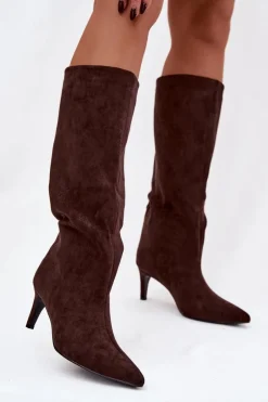 Kozaki Ocieplane|Kozaki Na Szpilce>Boto Kozaki Damskie Wsuwane Ocieplane Na Szpilce Czekoladowe Olivienne Brązowy