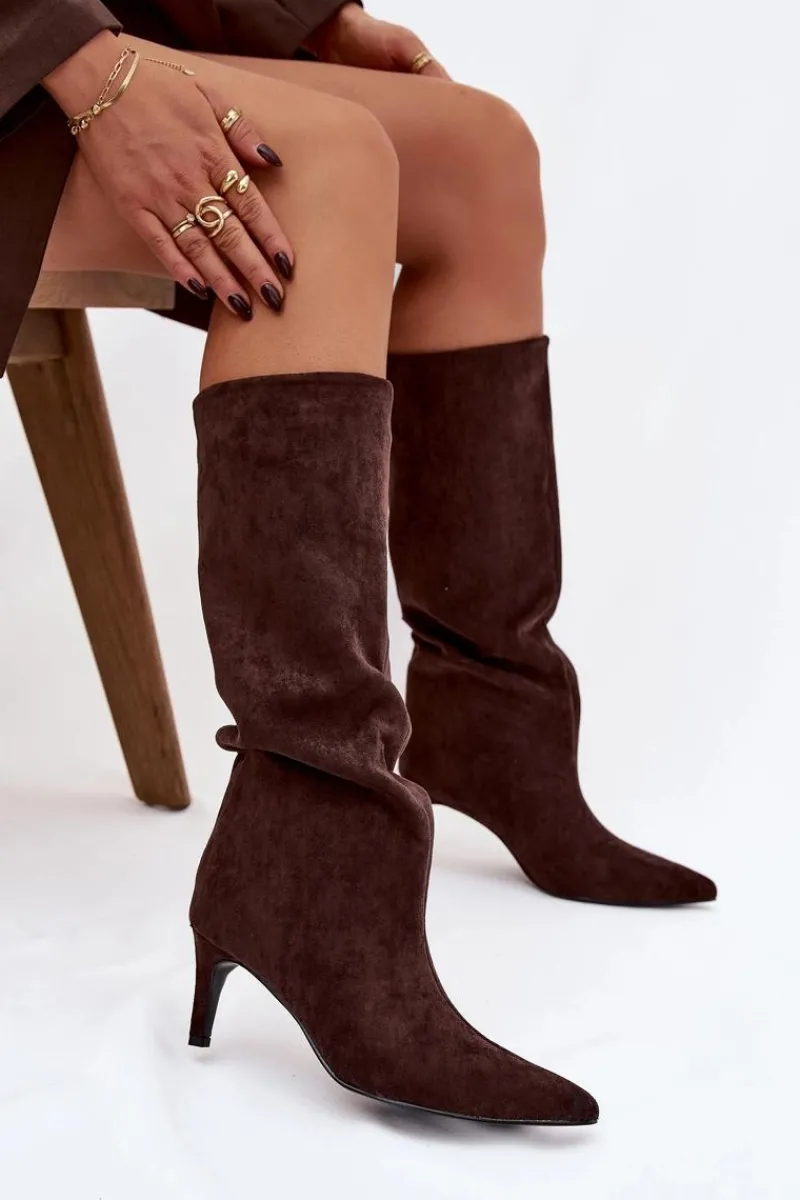 Kozaki Ocieplane|Kozaki Na Szpilce>Boto Kozaki Damskie Wsuwane Ocieplane Na Szpilce Czekoladowe Olivienne Brązowy