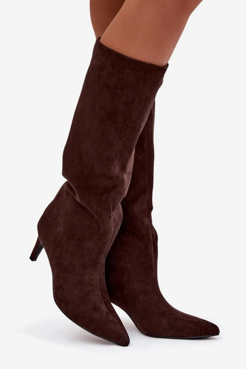 Kozaki Ocieplane|Kozaki Na Szpilce>Boto Kozaki Damskie Wsuwane Ocieplane Na Szpilce Czekoladowe Olivienne Brązowy