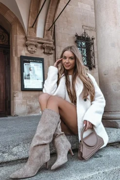 Kozaki Damskie Wsuwane Ocieplane Na Szpilce Beżowe Olivienne Damskie Kozaki Ocieplane|Kozaki Na Szpilce