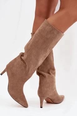 Kozaki Damskie Wsuwane Ocieplane Na Szpilce Beżowe Olivienne Damskie Kozaki Ocieplane|Kozaki Na Szpilce