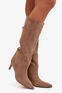 Kozaki Damskie Wsuwane Ocieplane Na Szpilce Beżowe Olivienne Damskie Kozaki Ocieplane|Kozaki Na Szpilce