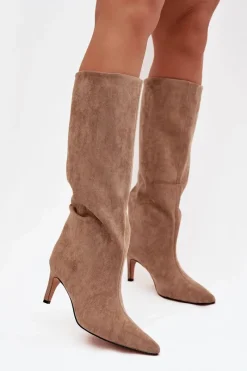 Kozaki Damskie Wsuwane Ocieplane Na Szpilce Beżowe Olivienne Damskie Kozaki Ocieplane|Kozaki Na Szpilce