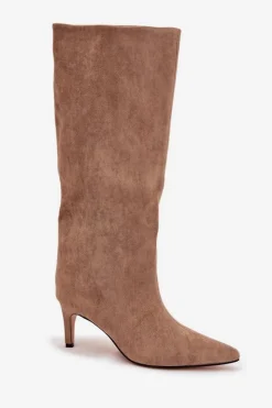 Kozaki Damskie Wsuwane Ocieplane Na Szpilce Beżowe Olivienne Damskie Kozaki Ocieplane|Kozaki Na Szpilce