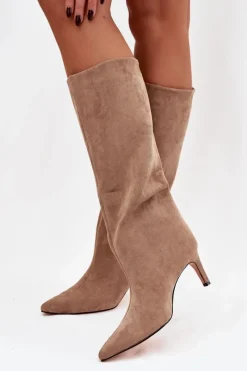 Kozaki Damskie Wsuwane Ocieplane Na Szpilce Beżowe Olivienne Damskie Kozaki Ocieplane|Kozaki Na Szpilce