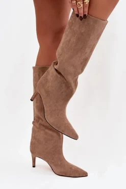 Kozaki Damskie Wsuwane Ocieplane Na Szpilce Beżowe Olivienne Damskie Kozaki Ocieplane|Kozaki Na Szpilce