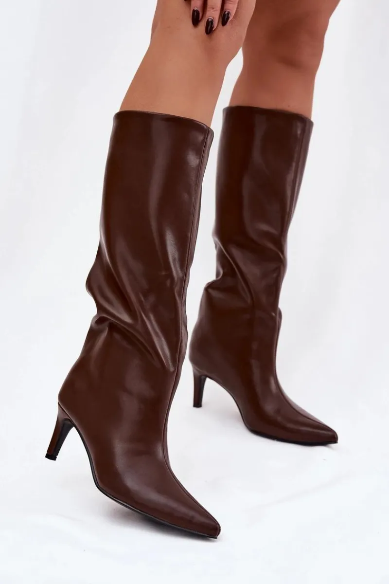 Clearance Boto Kozaki Damskie Wsuwane Ocieplane Na Szpilce Brązowe Olivienne Brązowy