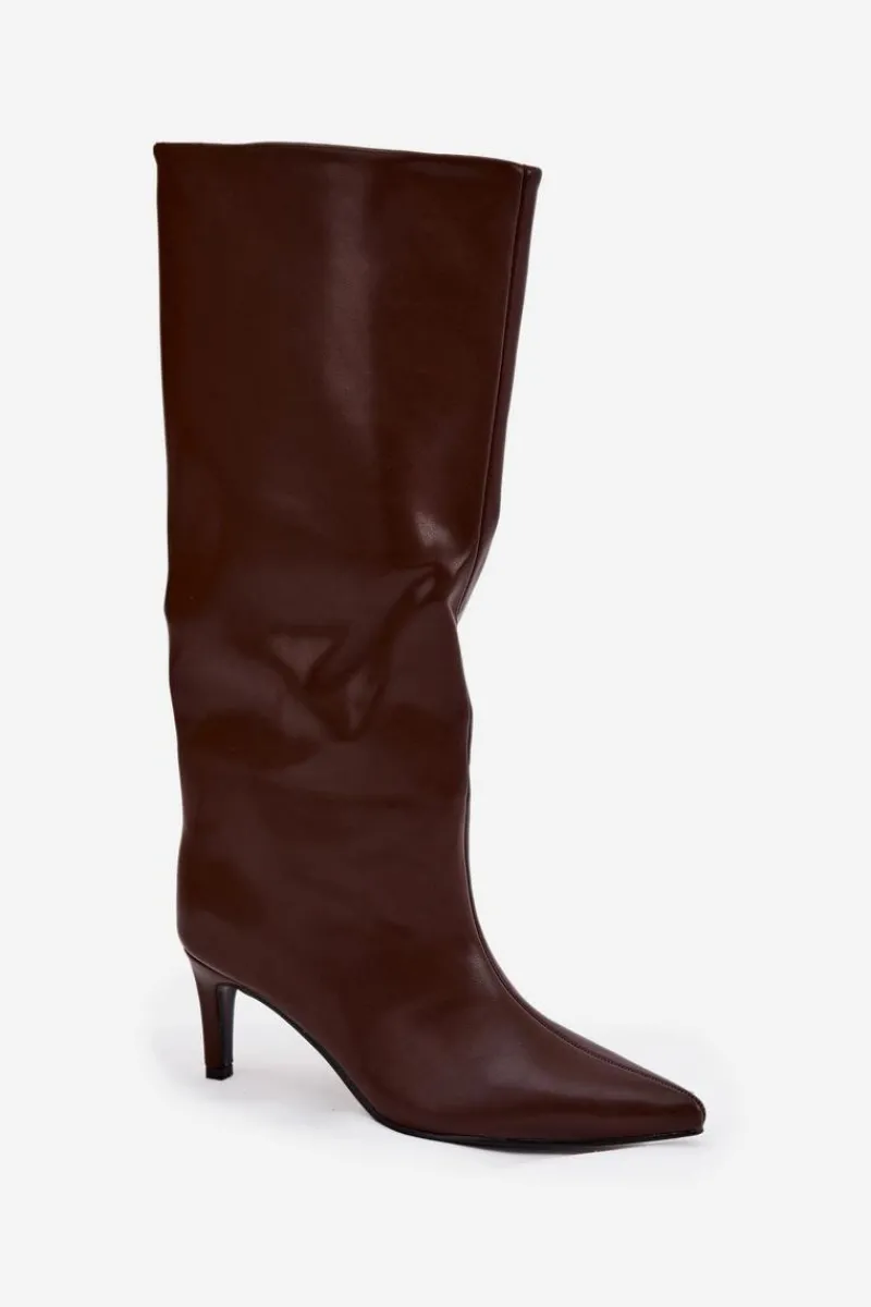 Clearance Boto Kozaki Damskie Wsuwane Ocieplane Na Szpilce Brązowe Olivienne Brązowy