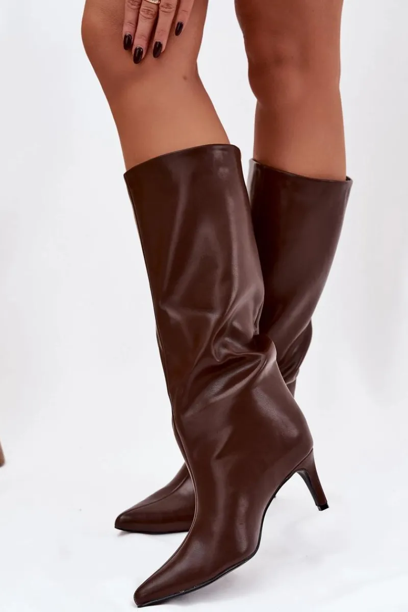 Clearance Boto Kozaki Damskie Wsuwane Ocieplane Na Szpilce Brązowe Olivienne Brązowy