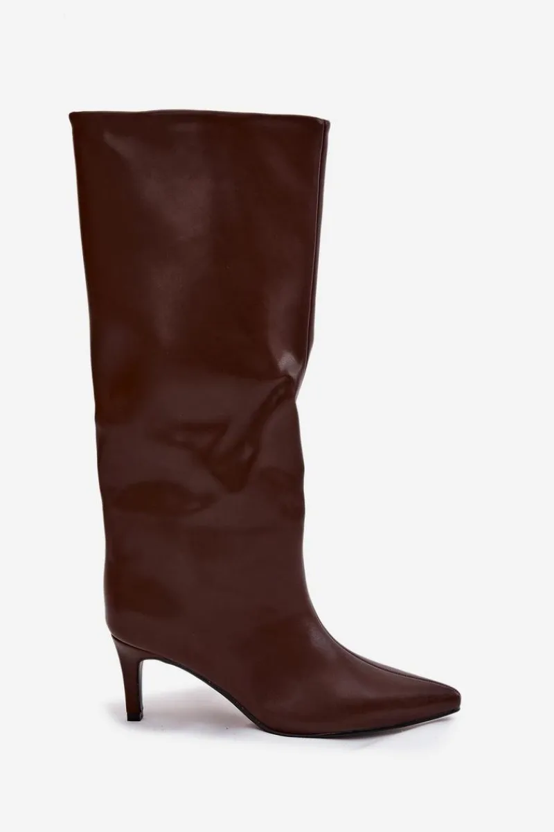 Clearance Boto Kozaki Damskie Wsuwane Ocieplane Na Szpilce Brązowe Olivienne Brązowy