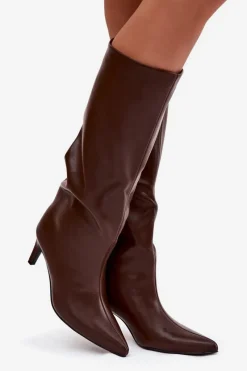 Clearance Boto Kozaki Damskie Wsuwane Ocieplane Na Szpilce Brązowe Olivienne Brązowy