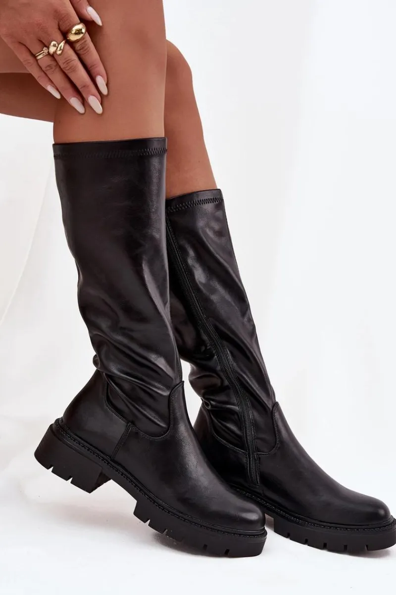 Kozaki Ocieplane|Kozaki Płaskie>Boto Kozaki Damskie Z Eko Skóry Czarne Oceana Czarny