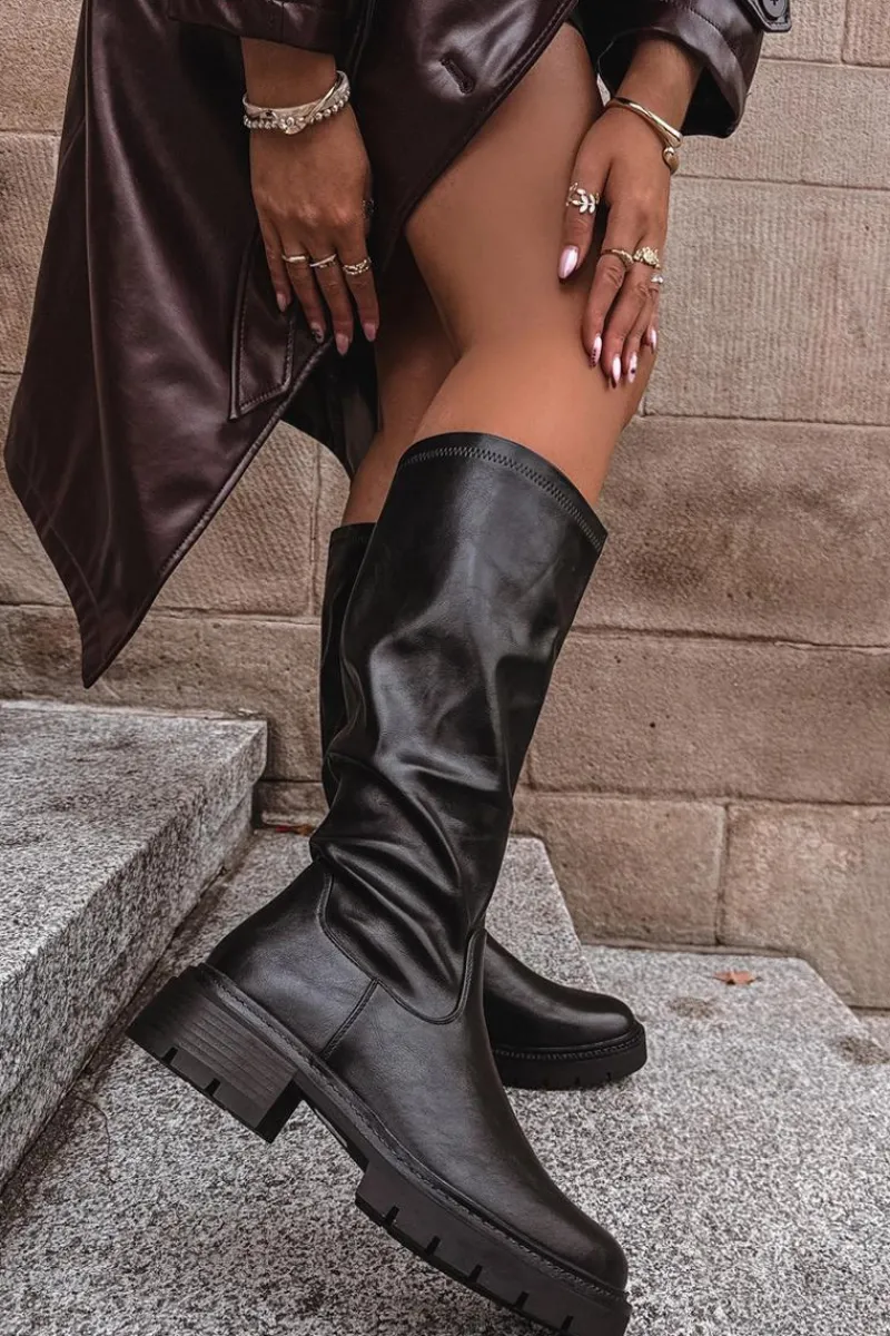 Kozaki Ocieplane|Kozaki Płaskie>Boto Kozaki Damskie Z Eko Skóry Czarne Oceana Czarny