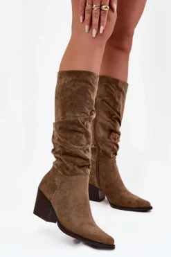 Online Boto Kozaki Damskie Z Marszczoną Cholewką Na Słupku Ocieplane Zielone Paelina Zielony