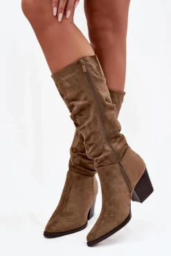 Online Boto Kozaki Damskie Z Marszczoną Cholewką Na Słupku Ocieplane Zielone Paelina Zielony