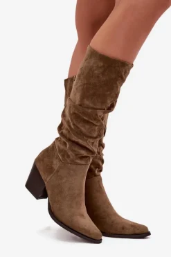 Online Boto Kozaki Damskie Z Marszczoną Cholewką Na Słupku Ocieplane Zielone Paelina Zielony
