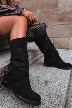 Outlet Boto Kozaki Damskie Z Marszczoną Cholewką I Klamrą Czarne Ophelis