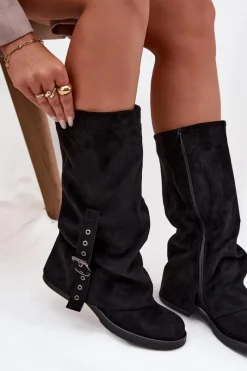 Outlet Boto Kozaki Damskie Z Marszczoną Cholewką I Klamrą Czarne Ophelis