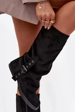 Outlet Boto Kozaki Damskie Z Marszczoną Cholewką I Klamrą Czarne Ophelis