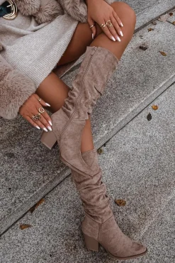 Discount Kozaki Damskie Z Marszczoną Cholewką Na Słupku Ocieplane Beżowe Paelina Damskie Kozaki Na Słupku|Kozaki Przed Kolano