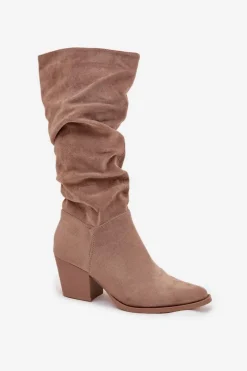 Discount Kozaki Damskie Z Marszczoną Cholewką Na Słupku Ocieplane Beżowe Paelina Damskie Kozaki Na Słupku|Kozaki Przed Kolano