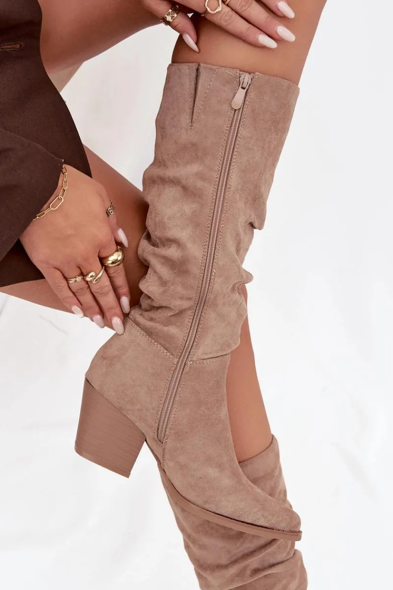 Discount Kozaki Damskie Z Marszczoną Cholewką Na Słupku Ocieplane Beżowe Paelina Damskie Kozaki Na Słupku|Kozaki Przed Kolano